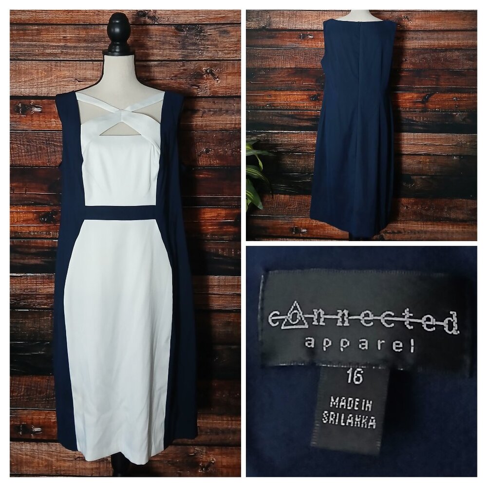 Connected Apparel Sheath Dress 16 Cutout Navy Blue & White Colorblock Zip